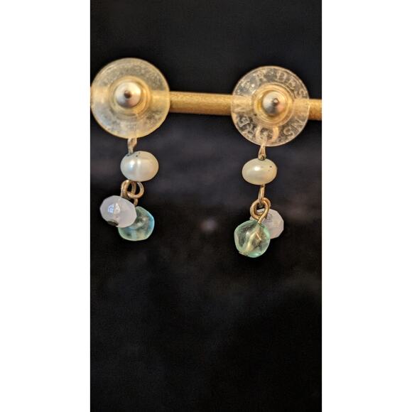 Blue Crystal Pearl Bead Dangle Post Earrings - Picture 3 of 4